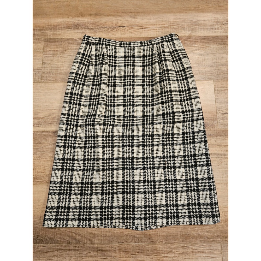 Vintage Personal Petites Wool Skirt Size 10 Black Ivory Plaid Pleated Midi
